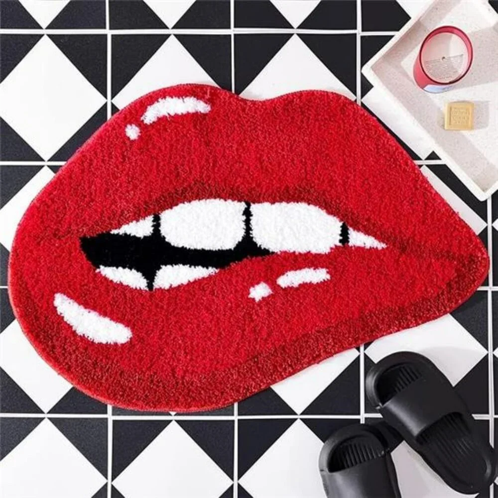 Red lips bathroom rug funny bath mat non slip absorbent washable plush shower ru